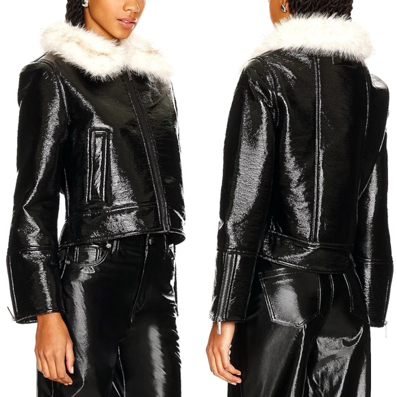 Unreal Fur Jackets & Blazers - Shiny Black Patent Jacket with White Faux-Fur Collar Cropped Bomber Style